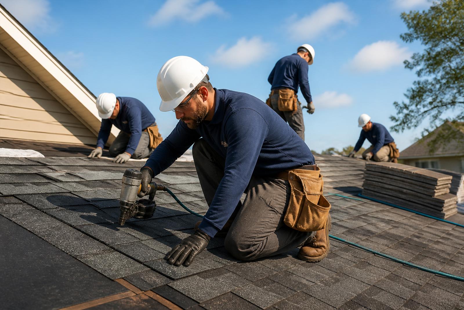 Professional construction crew working on a residential roof (stock image)